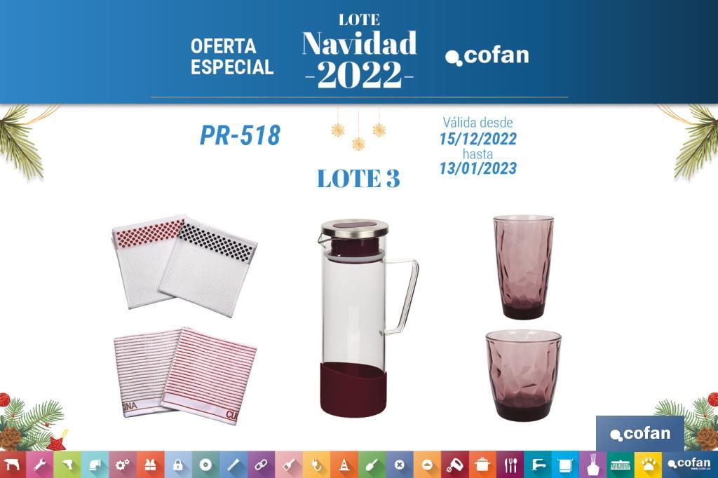 Lote de Navidad 3: Jarra de borosilicato + Pack de 6 vasos 47 cl. + Pack de 6 vasos 35 cl. + Pack 4 paños